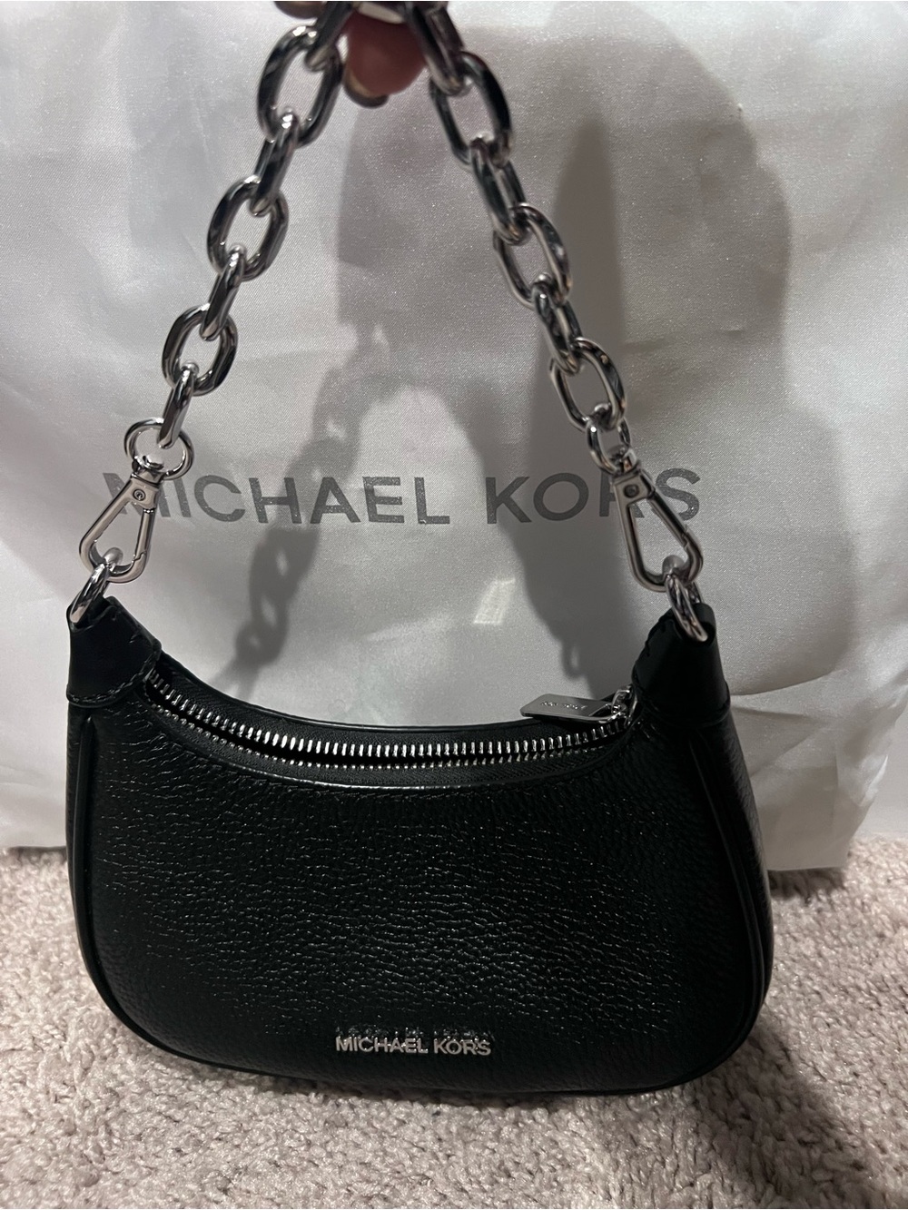 Michael Kors Black Pebbled Leather Mini Bag Crossbody with Silver Chain